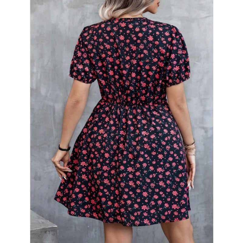 Fashion Elegant Floral Printed Dress Women's Plus Size Loose V Neck Casual Slim Waist A-line Party Dress Short Sleeved Bohemian V-neck Loose Clothing