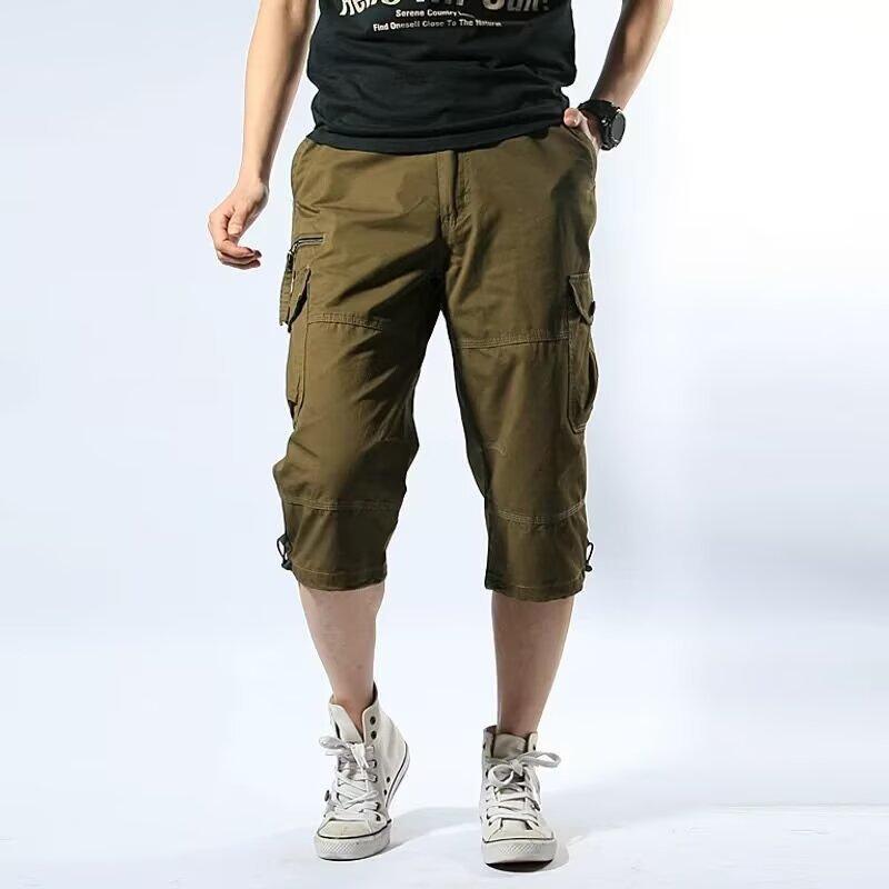 Men's Cargo Bermuda Shorts Multi Pocket Zipper Fly Solid Color Elastic Waist Casual Summer Shorts