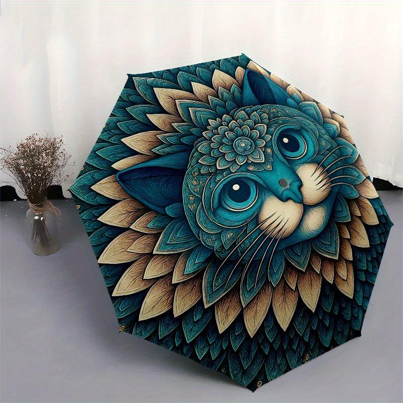 Floral Mandala Cat Wall Art Decor Umbrella, Portable 3-Fold Compact Umbrella for Men & Women R153