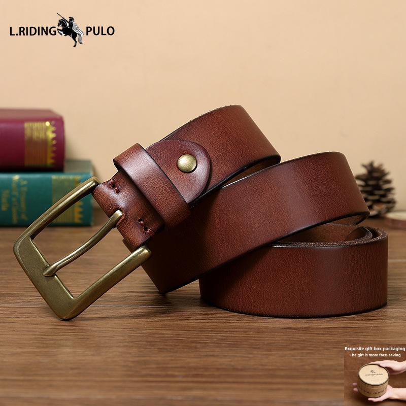 

Ремень из натуральной коровьей кожи, ретро, ручной работы, с пряжкой-булавкой из чистой меди, мужской ремень, модный молодежный повседневный ремень для брюк 130cm