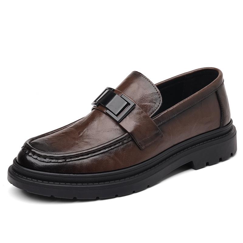 Men s Korean Style Slip-on Leather Loafers - Business Casual with Round Toe and Hand-Grained Texture 38 чая