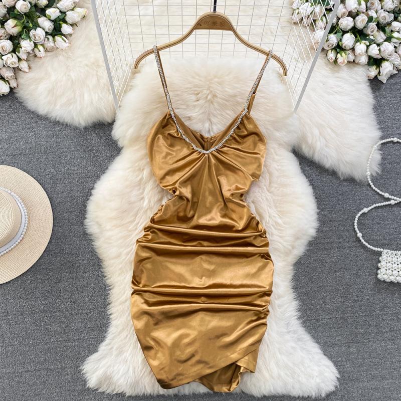 Sweet Cool Spice Girl Acetate Satin Suspender Skirt Fashion Waist Skinny Small Folded Short Hip Wrap Dress Summer