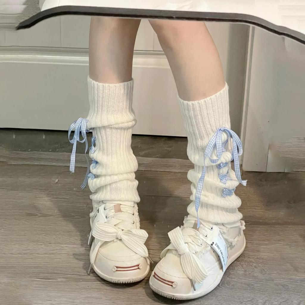 1Pair Woman Leg Warmers Autumn and Winter Ribbon Lolita Black Knee Warmers Long Socks JK Knitted Girl White Leg Warmers