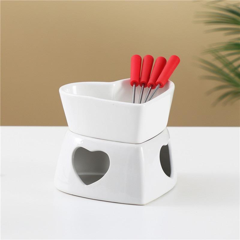 320ml Ceramic Heart-Shaped Fondue Pot Set with 4 Forks - White & Red Options - Perfect for Chocolate & Cheese Desserts