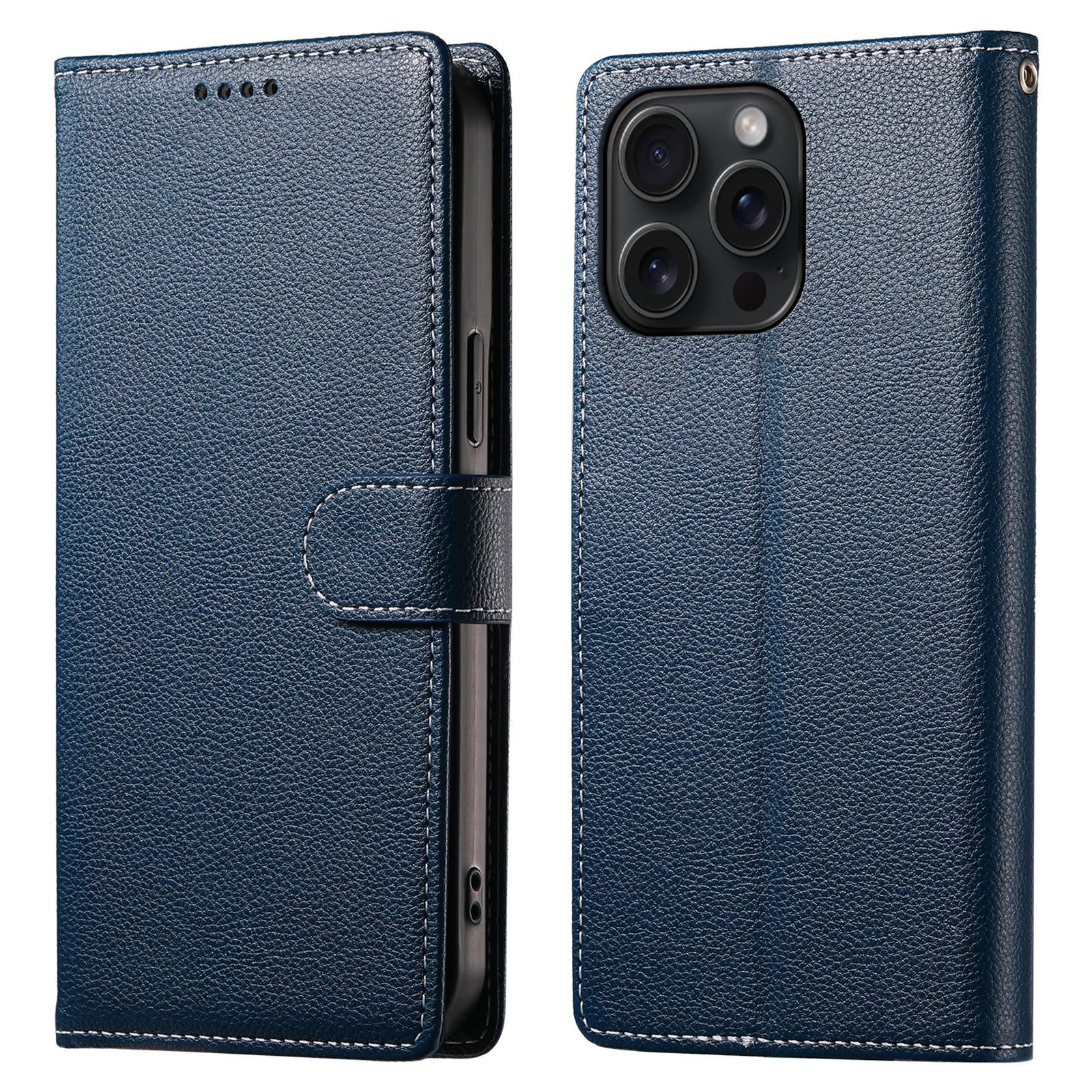 

For iPhone 15 Pro Case Litchi Texture Leather Wallet Phone Cover Magnetic Snap Dark Blue