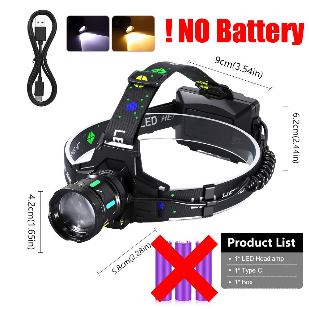 

Dual Laser Headlamp Waterproof Head Led Light Zoom Head Flashlight 18650 USB C Rechargeable Lamp Fishing Hiking Camping Lantern black