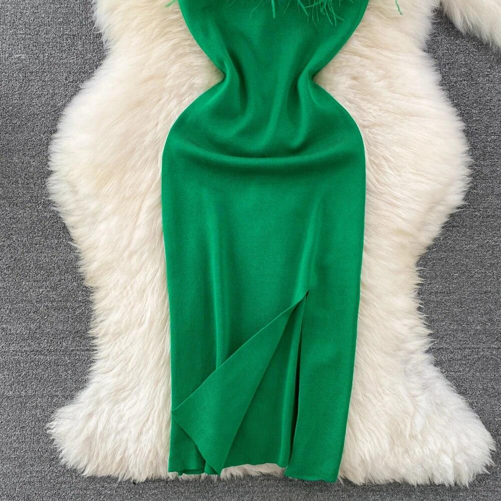 RUGOD France Sexy Knitted Club Dress Women Sleeveless Split Sundress Vintage Short Dress Feathers Montage Green Slim Dress