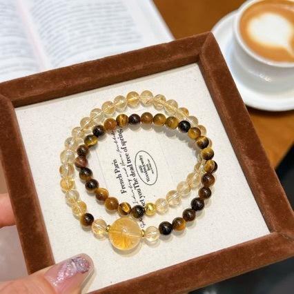 Women Double-Loop Bracelet, Citrine & Tiger Eye, Natural Style Staff Gift
