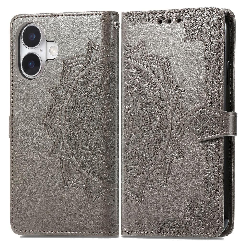 For iPhone 16 Plus Case Mandala Embossed Design Leather Wallet Phone Cover