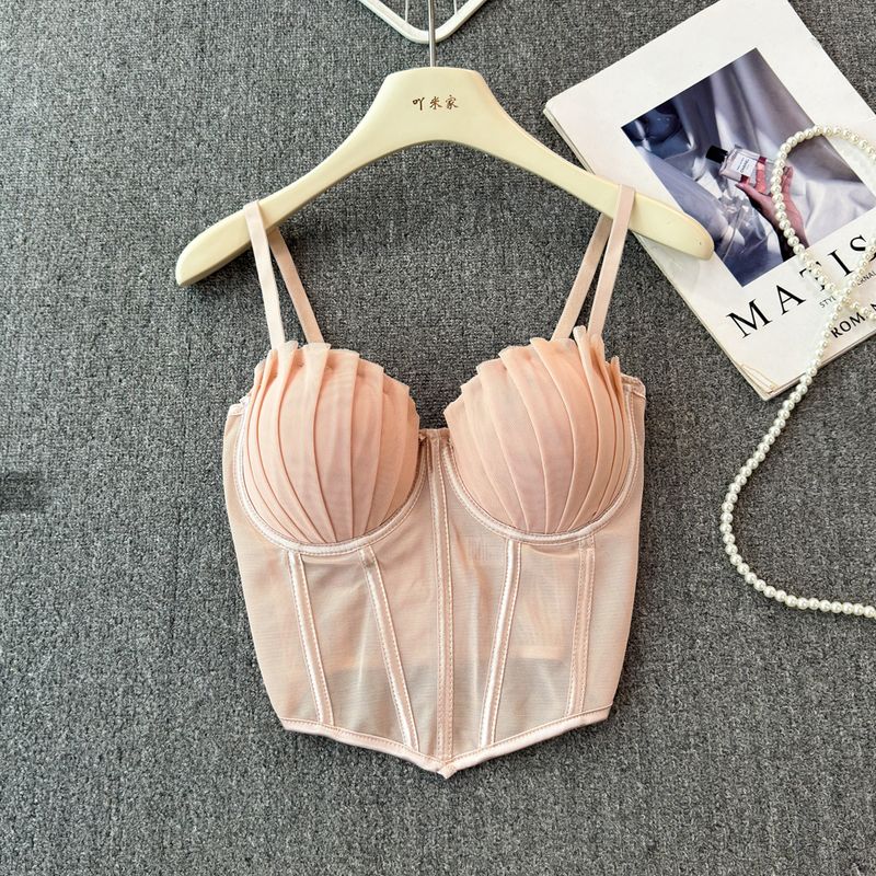 European American Summer New Mesh Folding Sexy Fishbone Camisole Women's Clothing Base Ride Outer Wear Short Tops