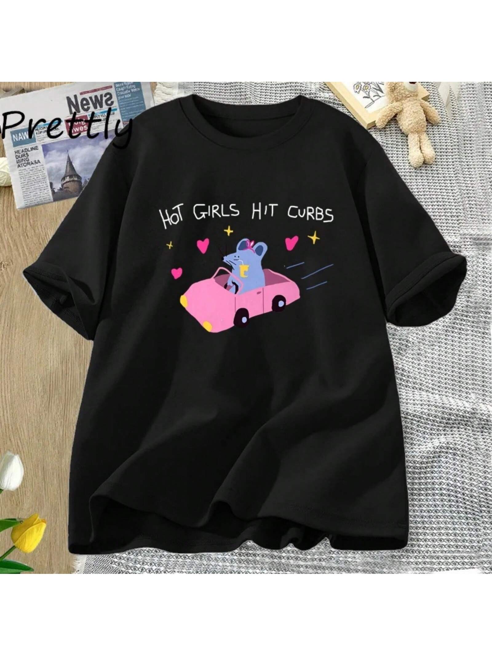 Hot Girls Hit Curbs T Shirt   Funny Rat Silly T-Shirt Weird Graphic Tee Casual Cotton Print Short-Sleeve Tshirt Clothes S разноцветный