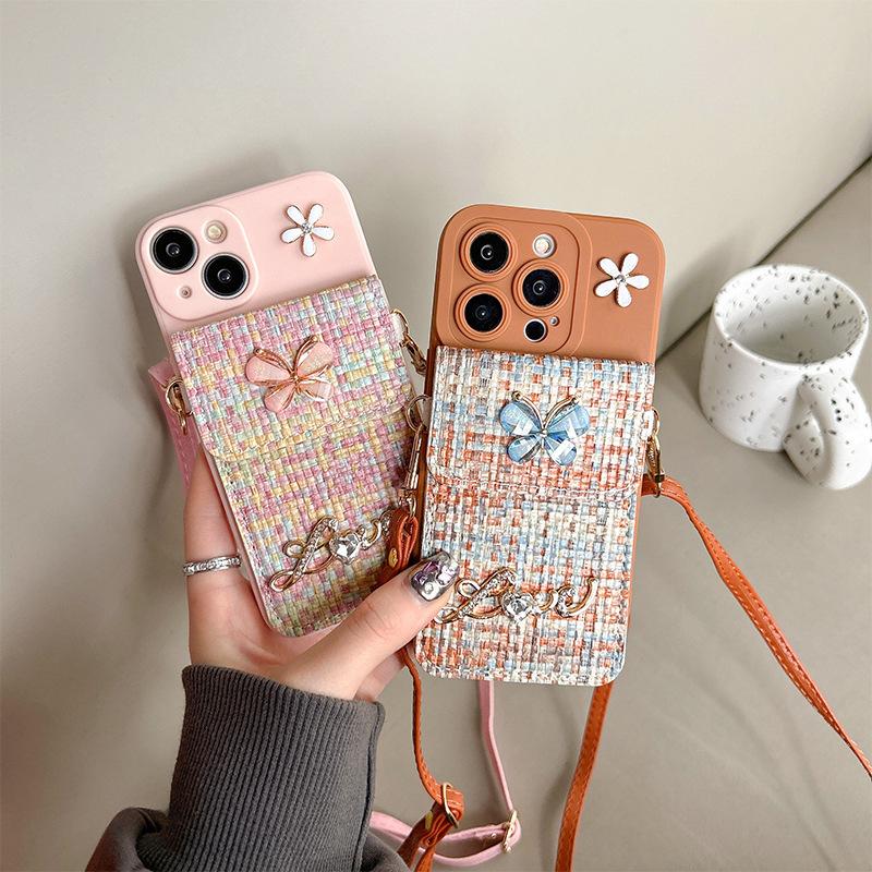 Applicable To Iphone16Promax Mobile Phone Case Apple 17 Butterfly Flower Plaid Change Bag Card Bag Messenger Rope 14