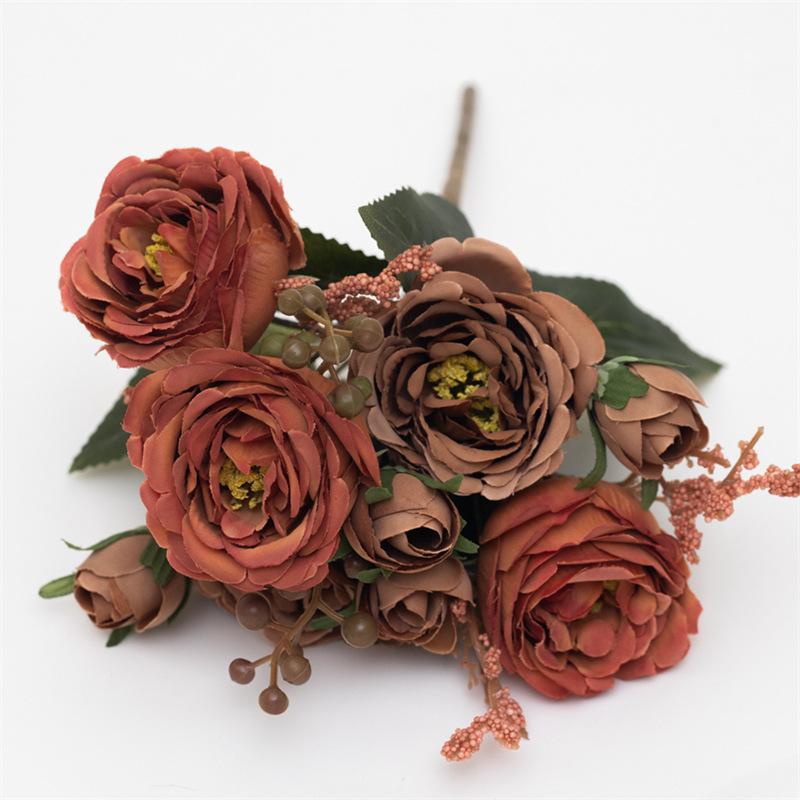 5-Petal Autumn-Colored Peony Artificial Flower Bride Bouquet Wedding Living Room Table Decoration For Vase Home Diy Fake Plants