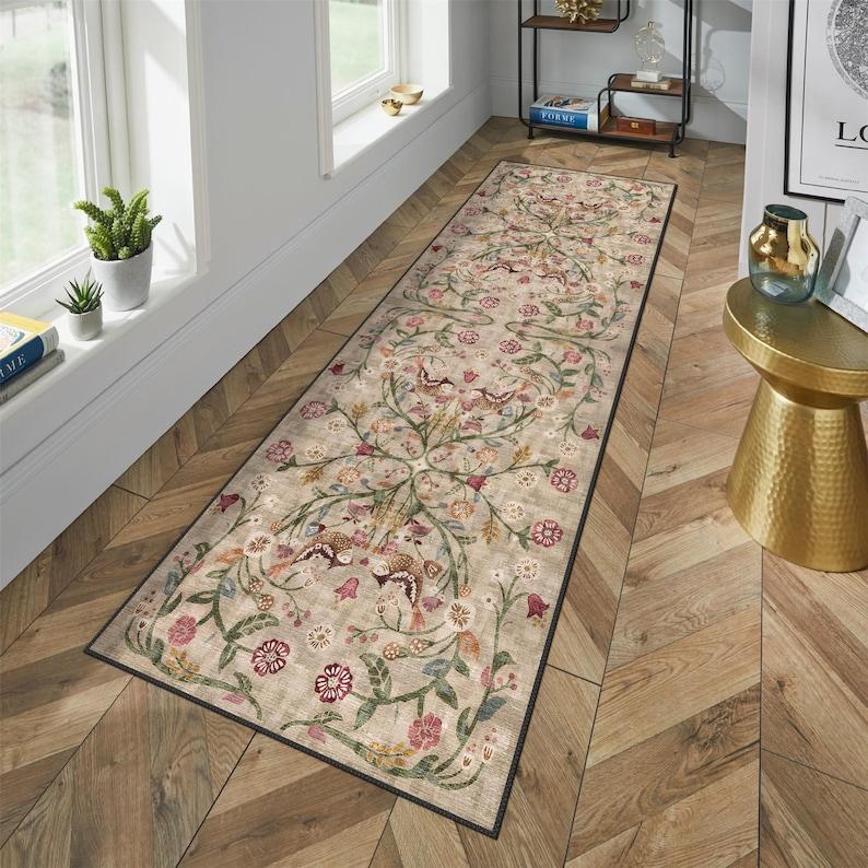 Boho Chic Türkischer Traditioneller Floraler Teppich Waschbar Rutschfest Groß Distressed Bereichsteppich für Wohnzimmer Schlafzimmer Dekor