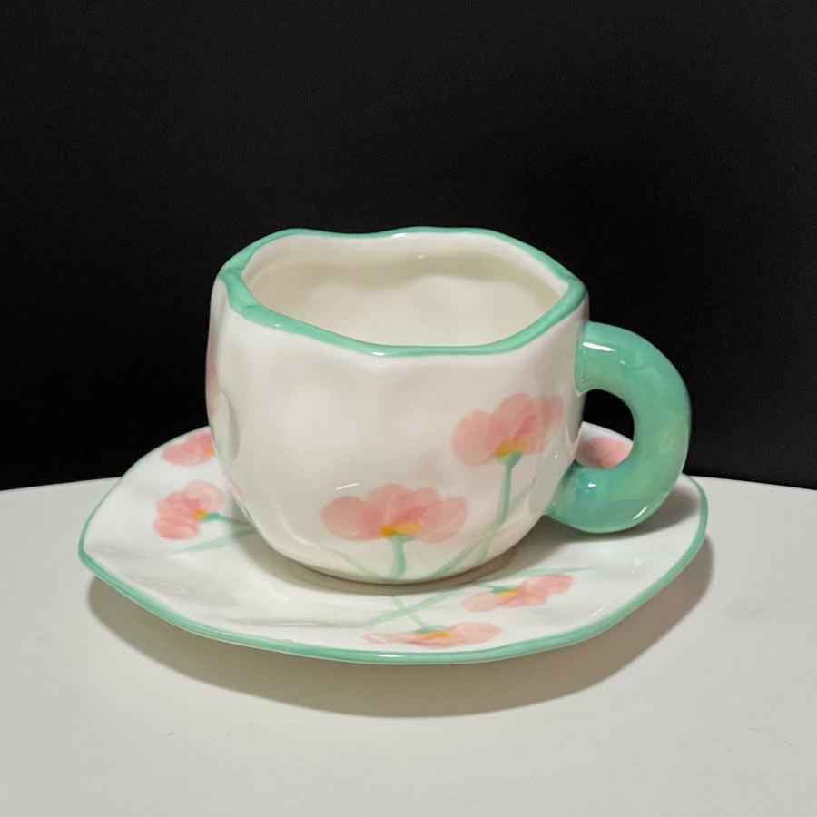 High-Value Hand-Pinched Irregular Underglaze Color Hand-Painted Flower Love Ceramic Coffee Cup Saucer Exquisite Afternoon Tea Cup Saucer