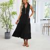 Women's Fashionable Color V,neck Button Sleeveless Long Pleated Loose Dress