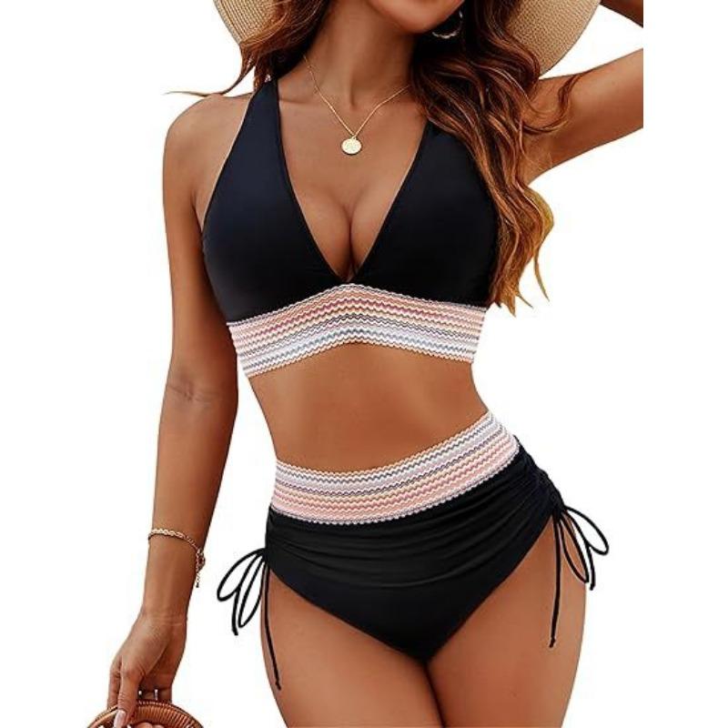 Women High Waisted V Neck Tie Side Push Up Bikini Set