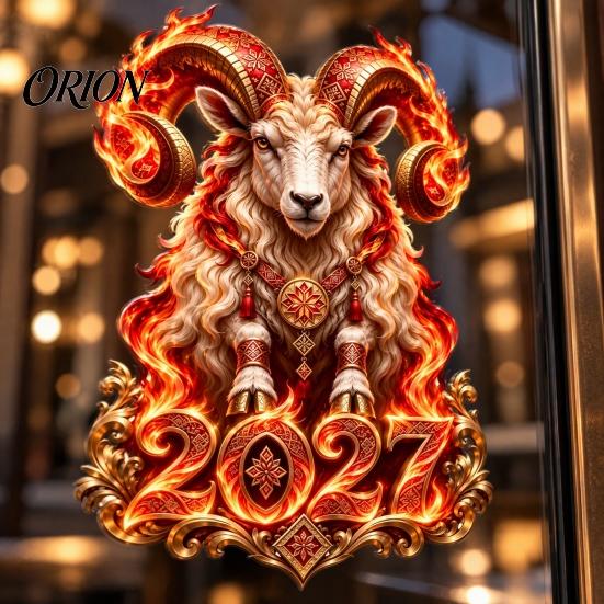 Easy Install Window Stickers 2027 Russian New Year Flame Goat Static Glass Sticker, PVC Zodiac Sheep Cling for Home and Retail Store Displays