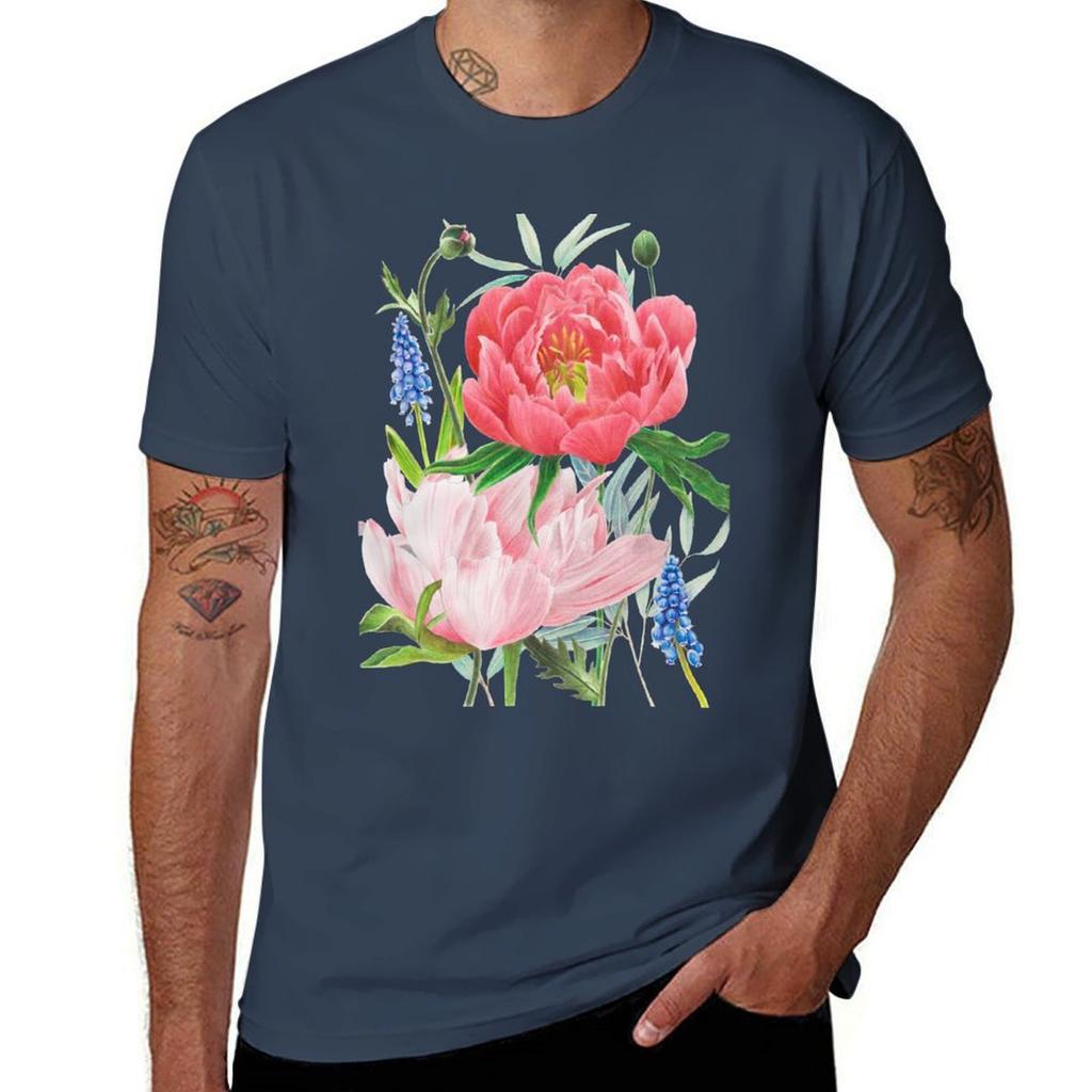 Colorful Pink Peony Botanical Illustration Tshirt Thanksgiving Day Tee Top Tshirt