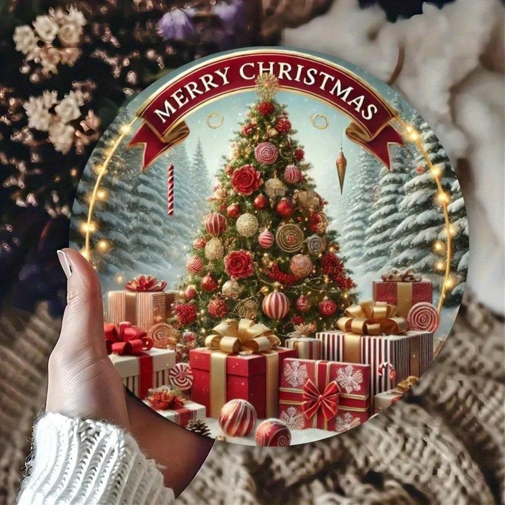 Vintage Christmas Tree Metal Wall Art Rustic Round Tin Sign Home Bar Decor