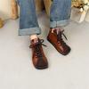 Johnature Genuine Leather Square Toe Retro Short Boots Lace Up Flat Bottom Women's Shoes