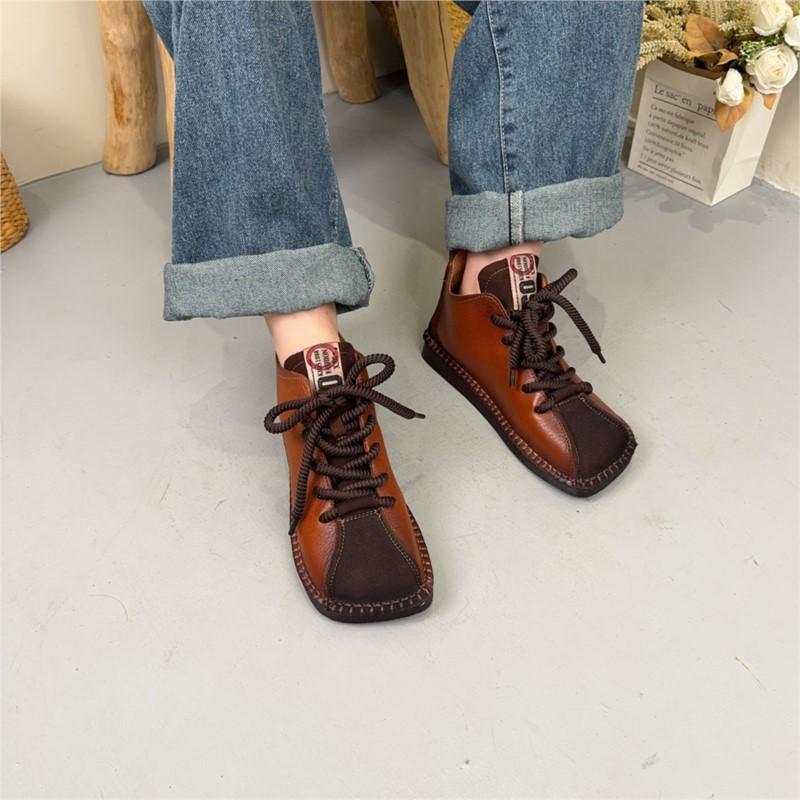 Johnature Genuine Leather Square Toe Retro Short Boots Lace Up Flat Bottom Women's Shoes