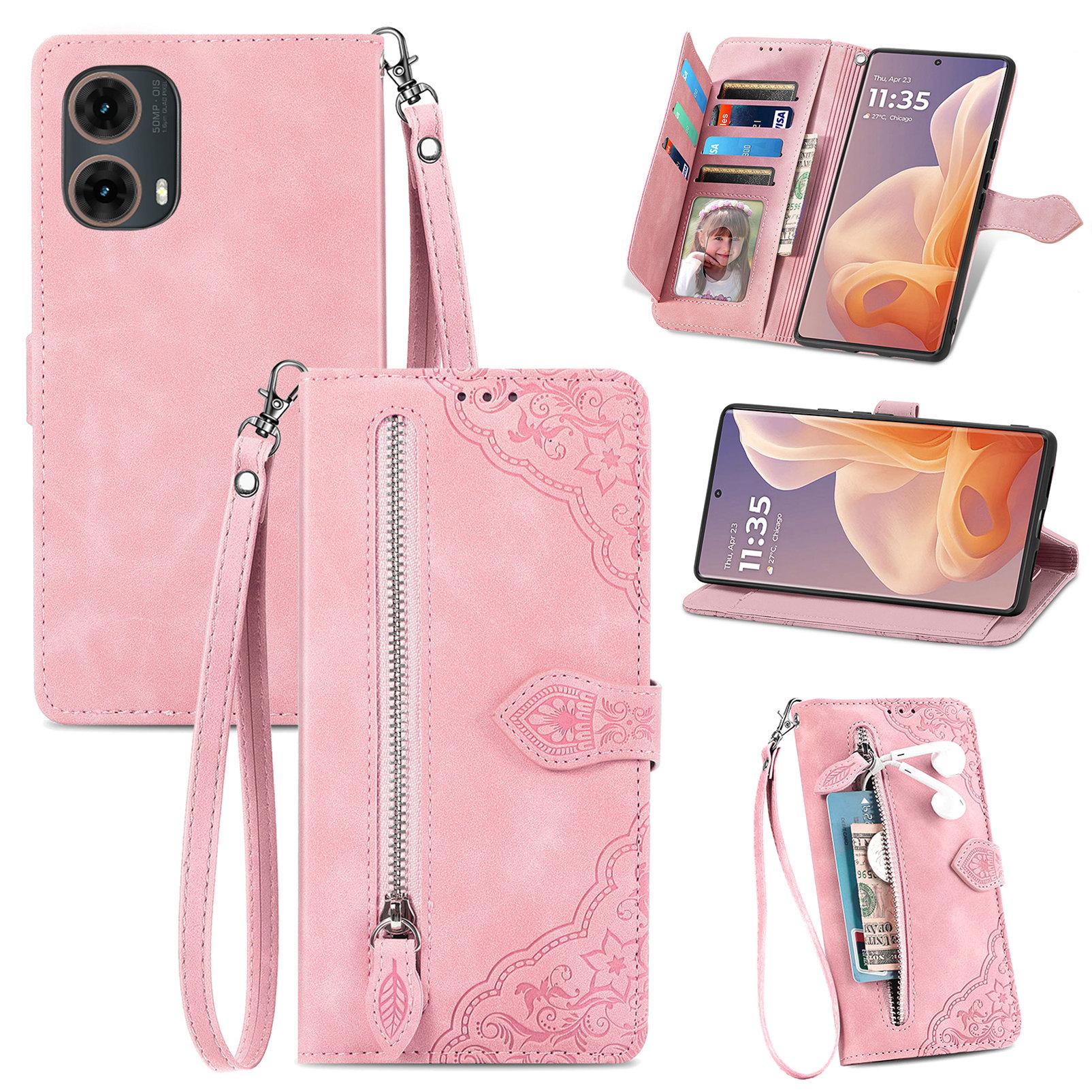 

For Motorola Moto G85 5G/S50 Neo 5G Case Zipper Wallet PU Leather Flower Imprint Phone Cover Pink
