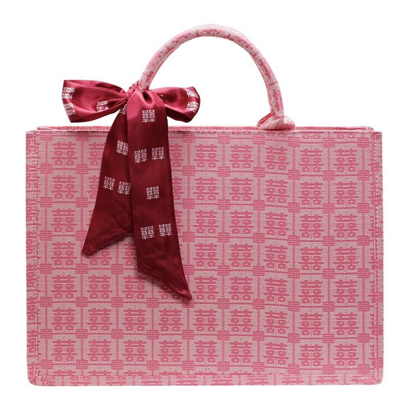 New Wedding Red Fashion Portable Tote Bag Women's Large-capacity Niche Design Baixi Character Canvas Wedding Bag