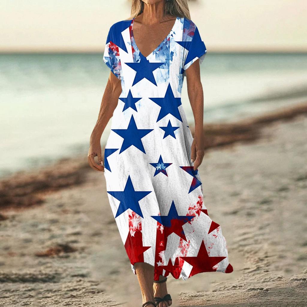 Sommerkleid Damen Lang Strandkleid Elegantes Kleid V-Ausschnitt Kurzarm Sommerkleid Leicht Luftig
