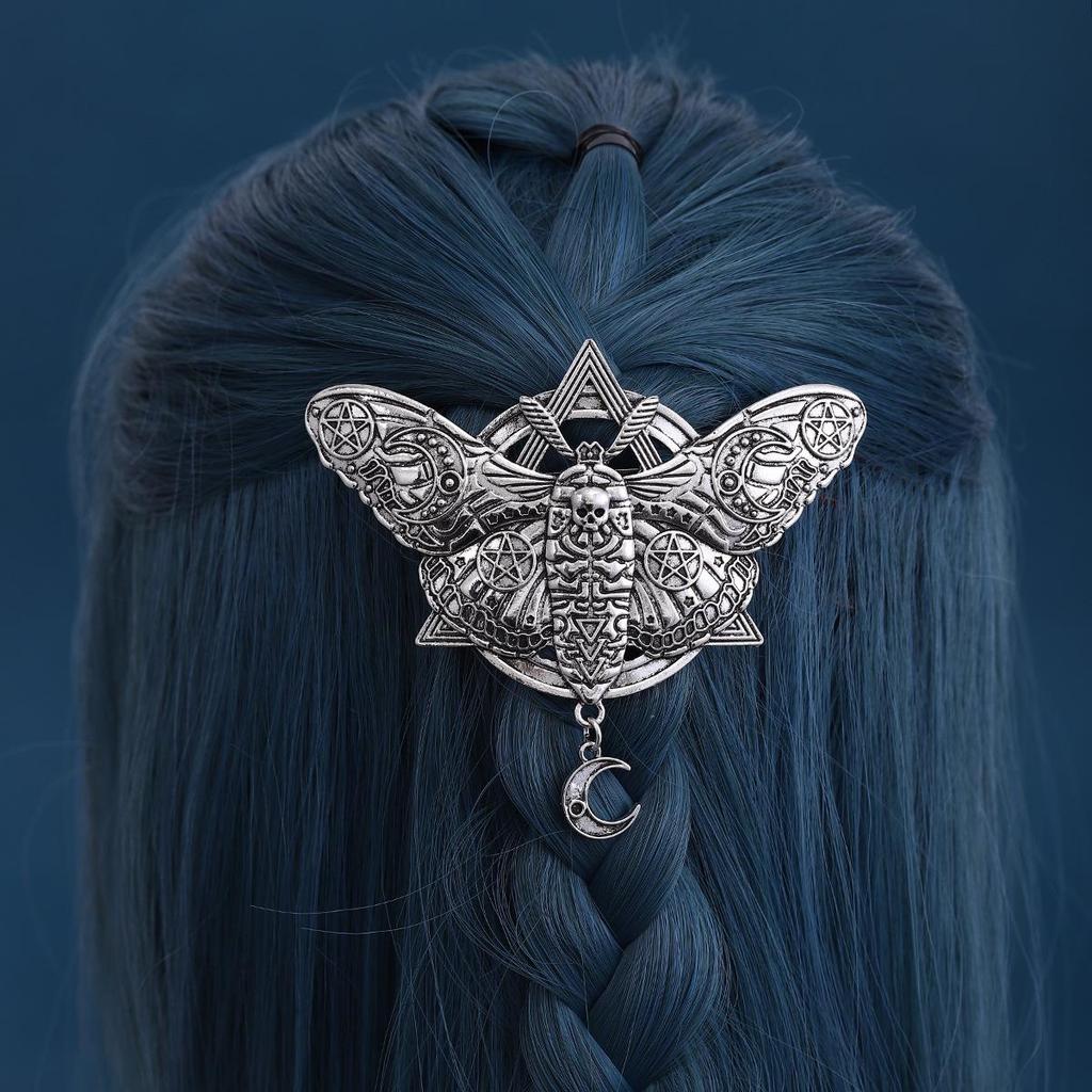 Retro Viking Star & Moon Moth Skull Hair Clip - Norwegian Style Party Accessory