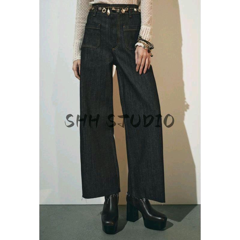 Spring New Women's Clothing Nautica Style Versatile Pocket Decoration High Waist Wide Leg Long Denim 8307049