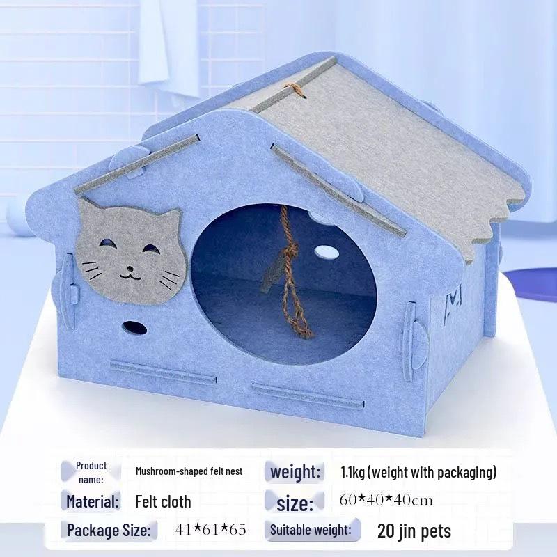 All-Season Felt Enclosed Cat Bed Villa - Detachable Pet Nest House