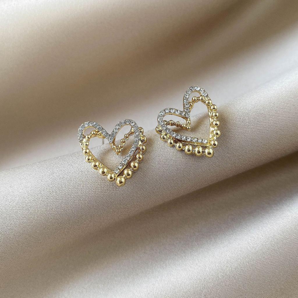 Double-Layer Simple Love Diamond Stud Earrings Trendy Small Temperament Earrings Earrings