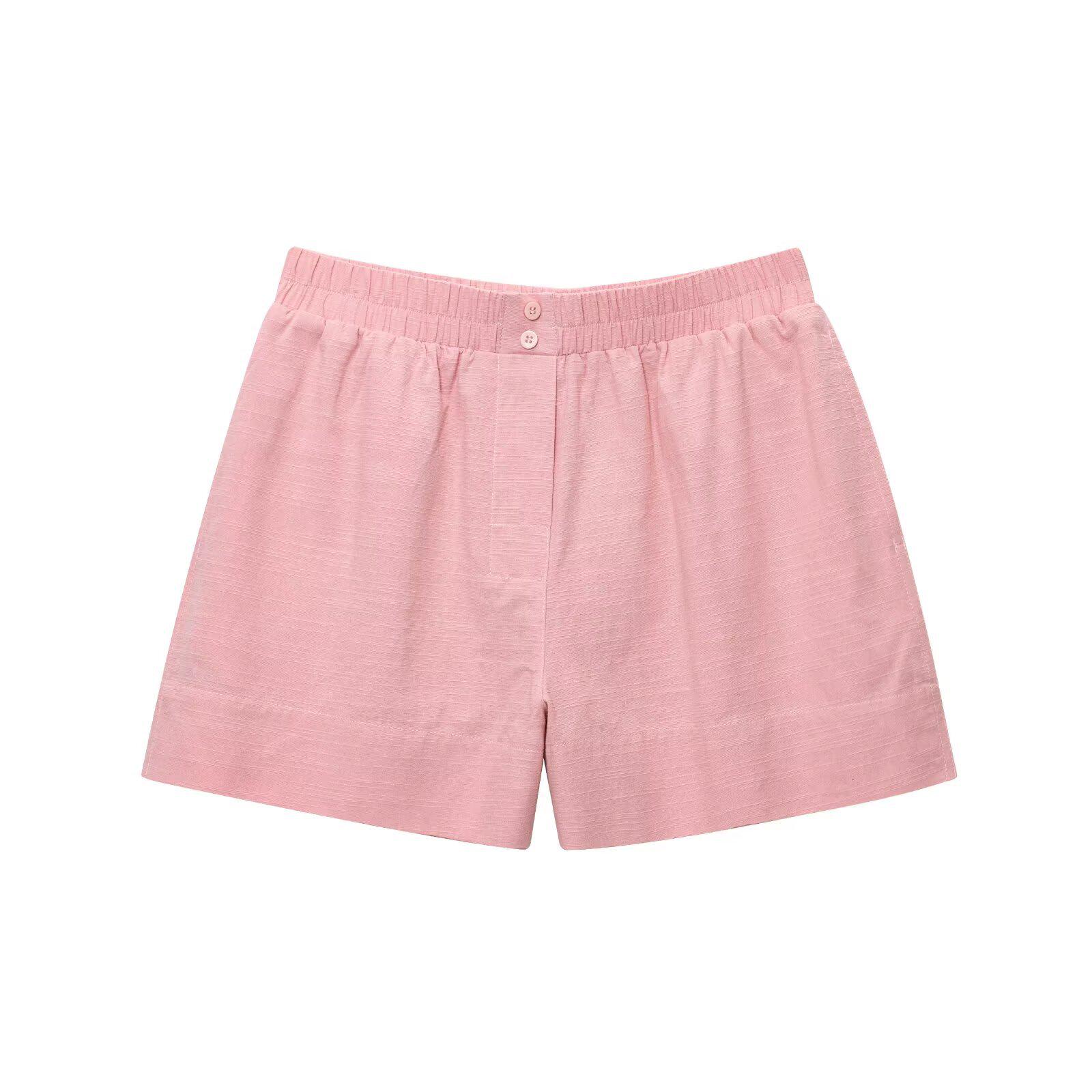 

European & American Style Linen V-Neck Long Sleeve Shirt with Mid-Waist Shorts - Summer Collection XS