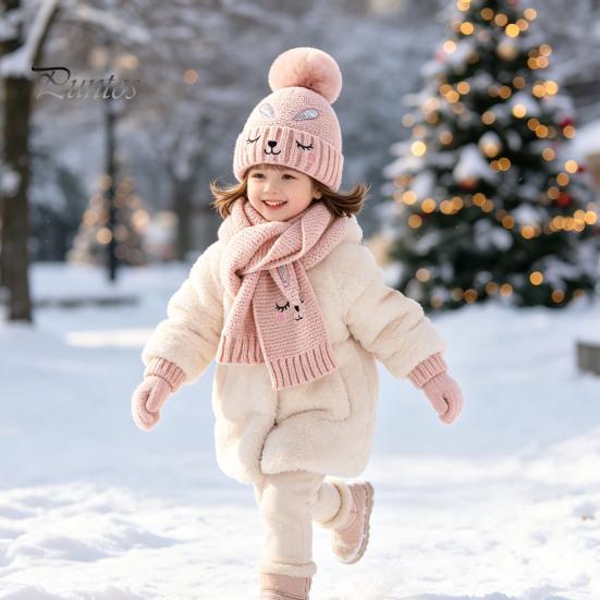 Warm Knitted Hat for Toddlers Winter Gloves Scarf Set Kids, Pompom Hat, Cute Essentials Bunny Embroidery, Cozy Boys Girls Ages 2 to 6 Outings