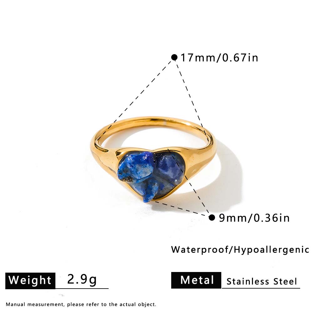 Boho Natural Stone Heart Signet Ring for Women Gemstone Chips Stainless Steel Gold Color Waterproof Hypoallergenic