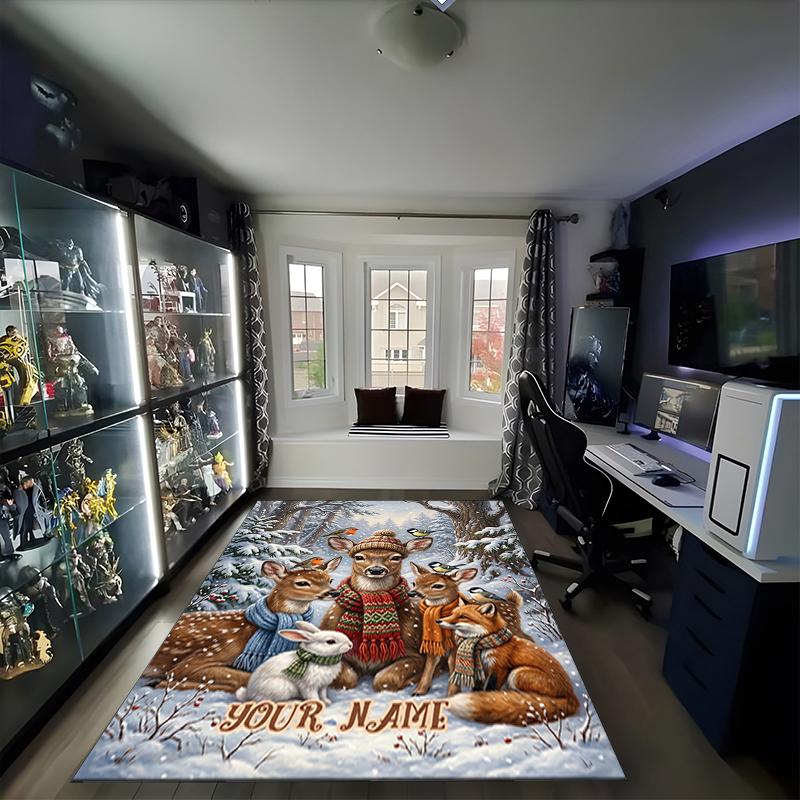 1PC Custom Name Winter Wildlife Theme Floor Mat Ideal for Living Room, Game Rooms, Office, Bedroom,Floor Mat Playful Design
