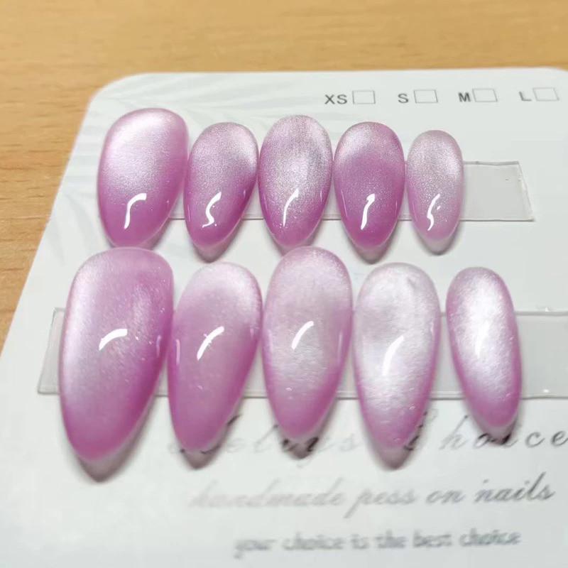 100% HANDMADE Almond Shape Artificial Nail Art Purple Aurora Cat Eyes Full Cat Eyes Matte Frosted Minimalist Nails Reusable and Removable Fake Nails