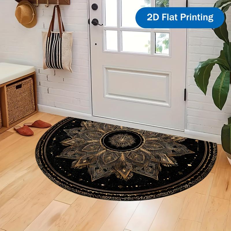 1 Stück Schwarze Goldene Mandala Halbkreis Willkommens-Fußmatte Rutschfest für Außenbereich Terrasse Veranda Küche Badezimmer Eingangsbereich Bodenmatte