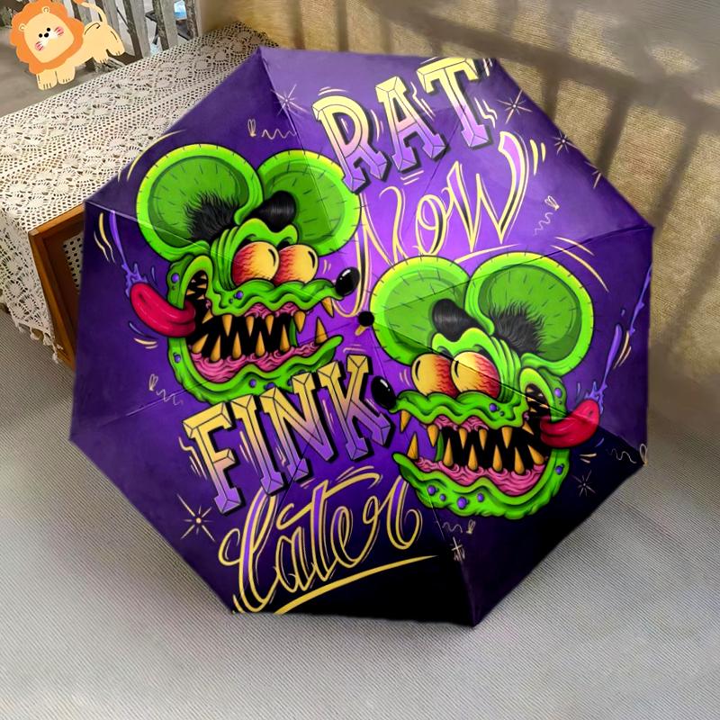 1pc Rat Fink pattern Umbrella Portable Folding Umbrella Iron Frame Hole Bone Structure Outdoor Home Umbrella