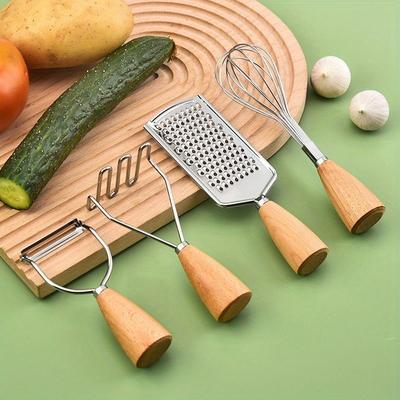 4 pezzi/set affetta melone in acciaio inox, affetta formaggio, pelapatate, manico in legno, pressa per patate, sbattitore per uova, utensile da cucina con manico in legno