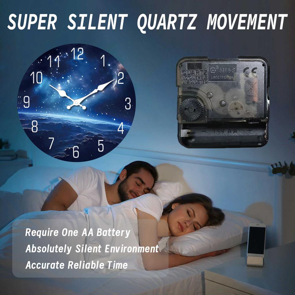 Easy Read Space Wall Clock, Silent Non-Ticking, Cosmic Galaxy Print, Battery Operated for Room & Office