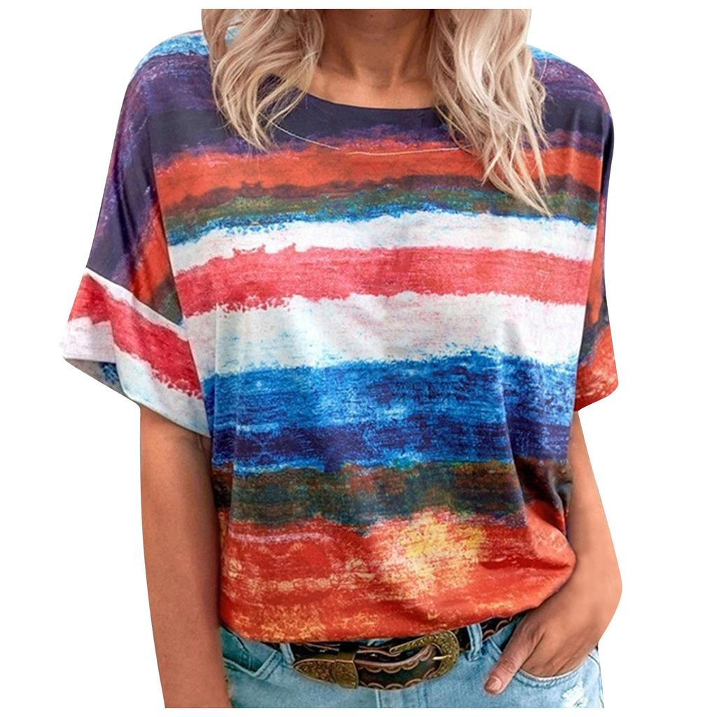 Fashion Round Neck Short Sleeve Casual Loose Gradient Contrast Top