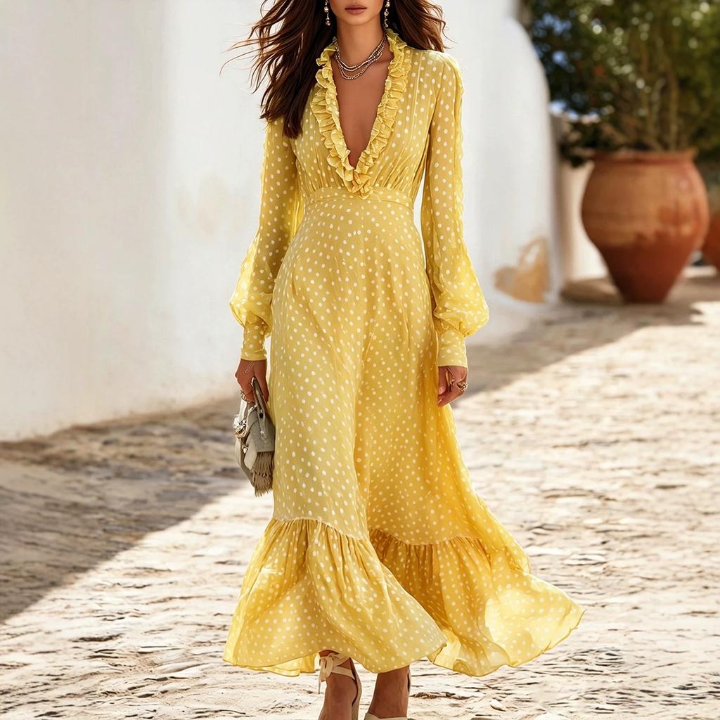 Women's V Neck Long Sleeve Polka Dot Maxi Dress with Ruffle Waist for Vacation