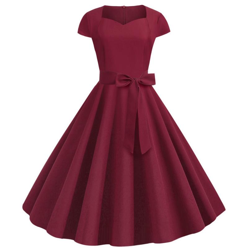 2023 Summer Retro Solid Color Short Sleeve Swing Dress