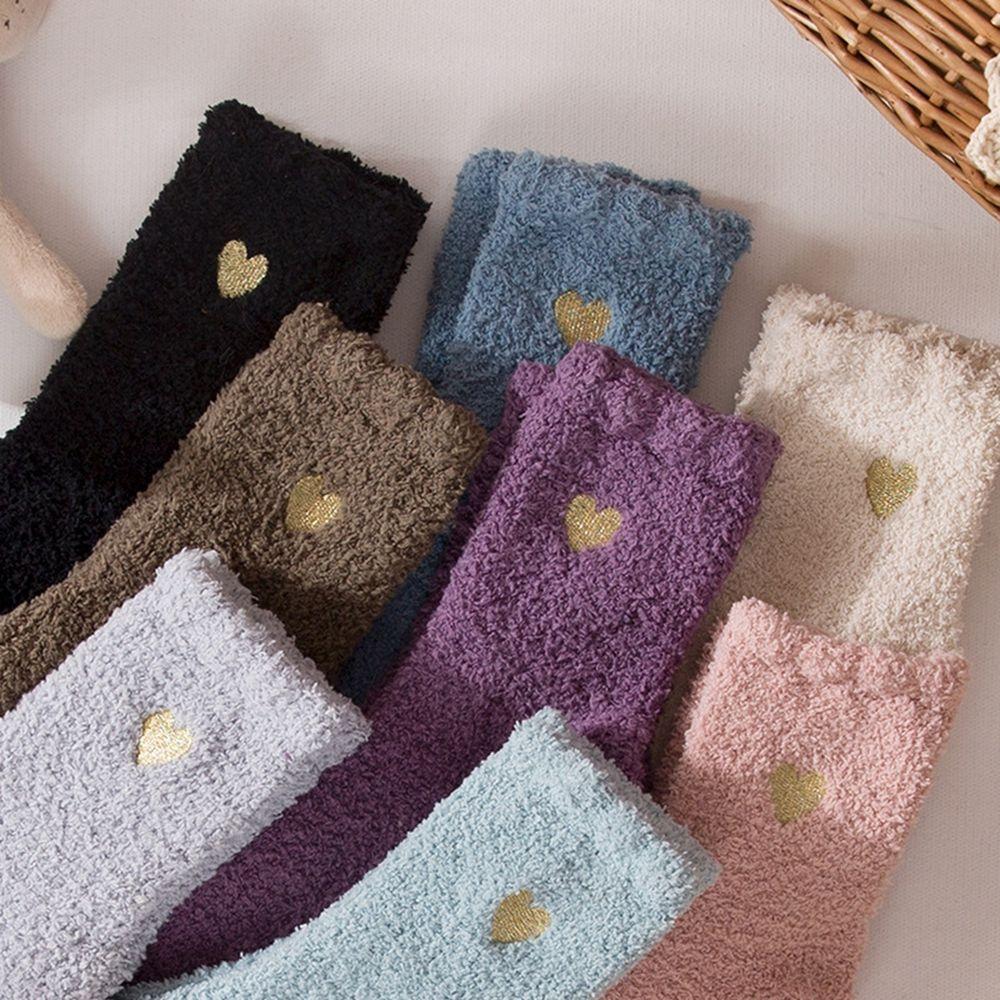 Color Sweet Girls Love Embroidery Coral Fleece Socks Female Hosiery Cute Floor Socks Mid-tube Socks