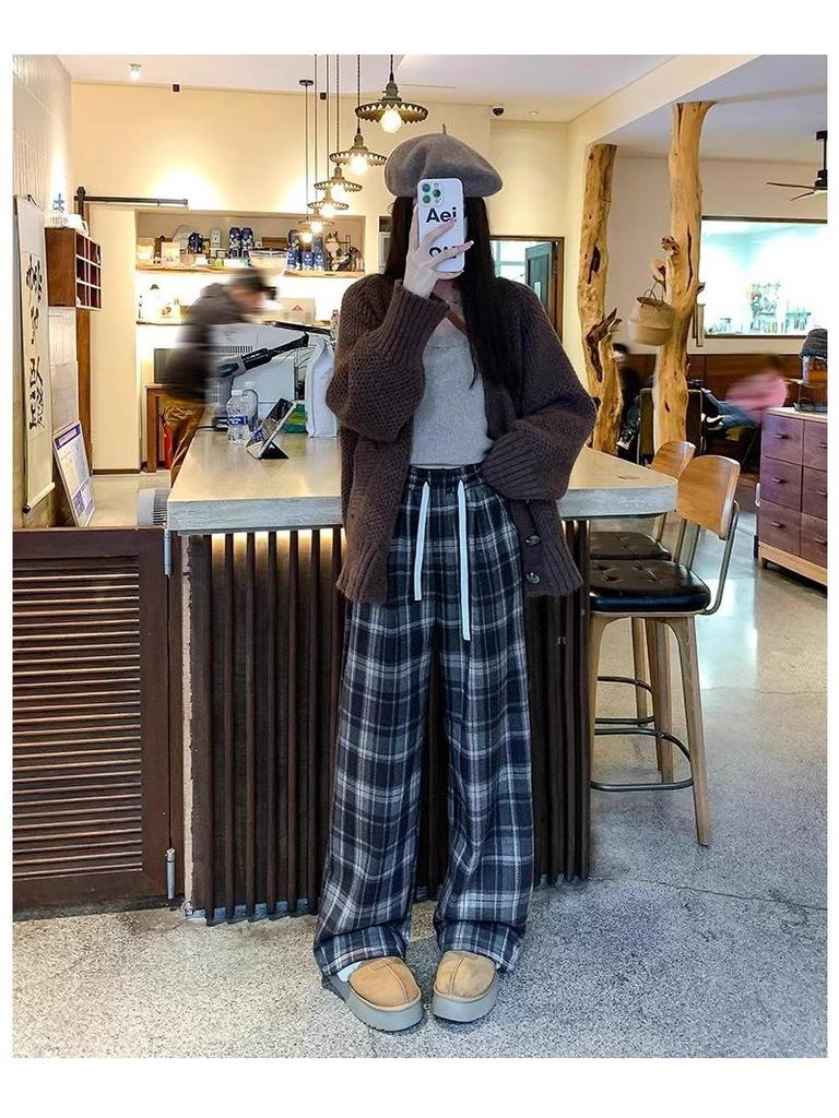 Pantalon Plaid de Noël 150 cm à Jambes Larges pour Femmes Petites - Tenue Décontractée Polyvalente Automne & Hiver