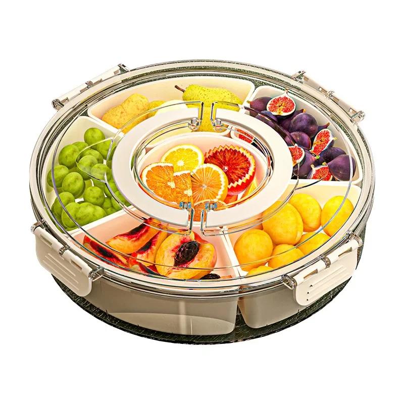 1pc Rotating Snack Tray Storage Box with Lid and Handle Multi-Compartment Fruit Vegetable Tray Stackable Snack Box