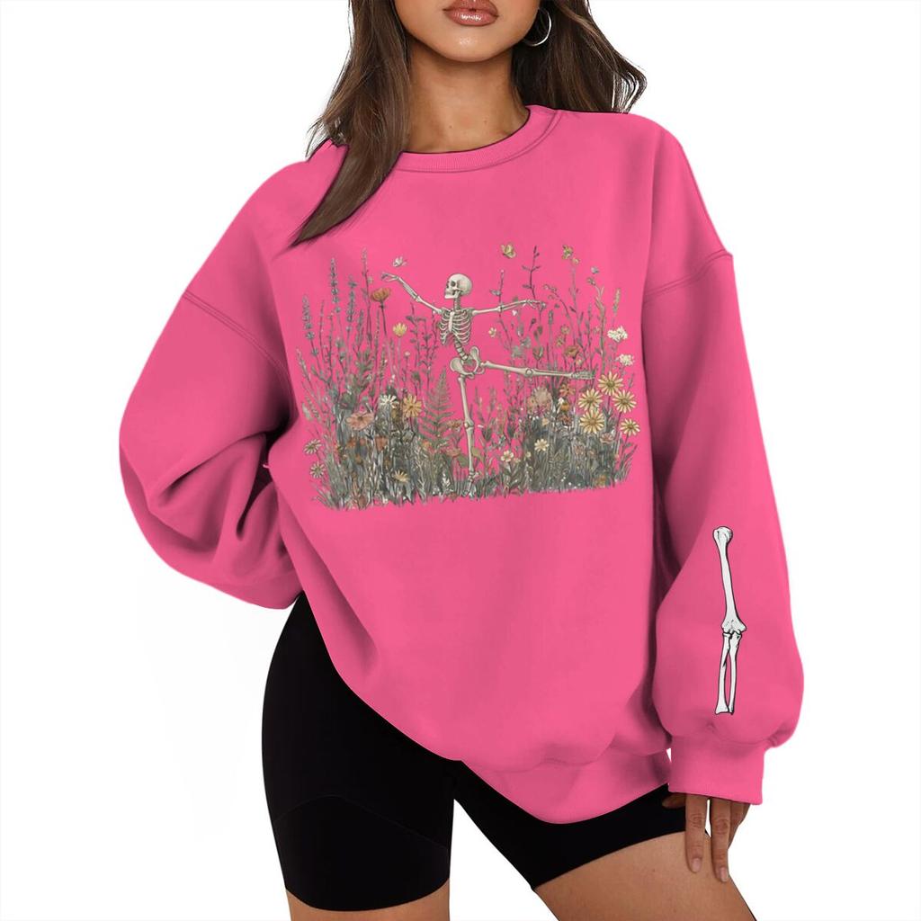 Halloween Skeleton Graveyard Print Sweatshirt Vintage Spooky Season Streetwear Fun Halloween Pullover For Men Women