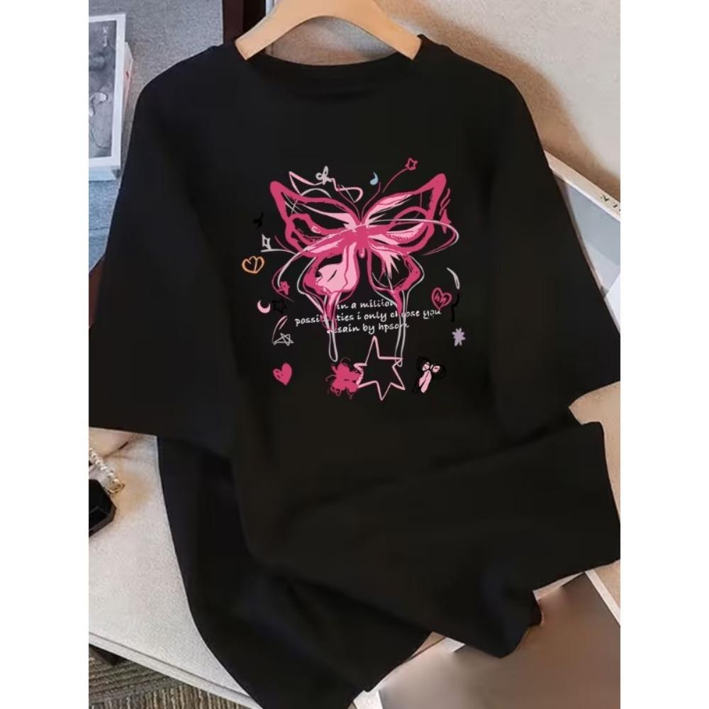 Y2K Pink Butterfly Graphic T-Shirt Women’s Casual Crew Neck Short Sleeve Butterfly Quote Print Top S